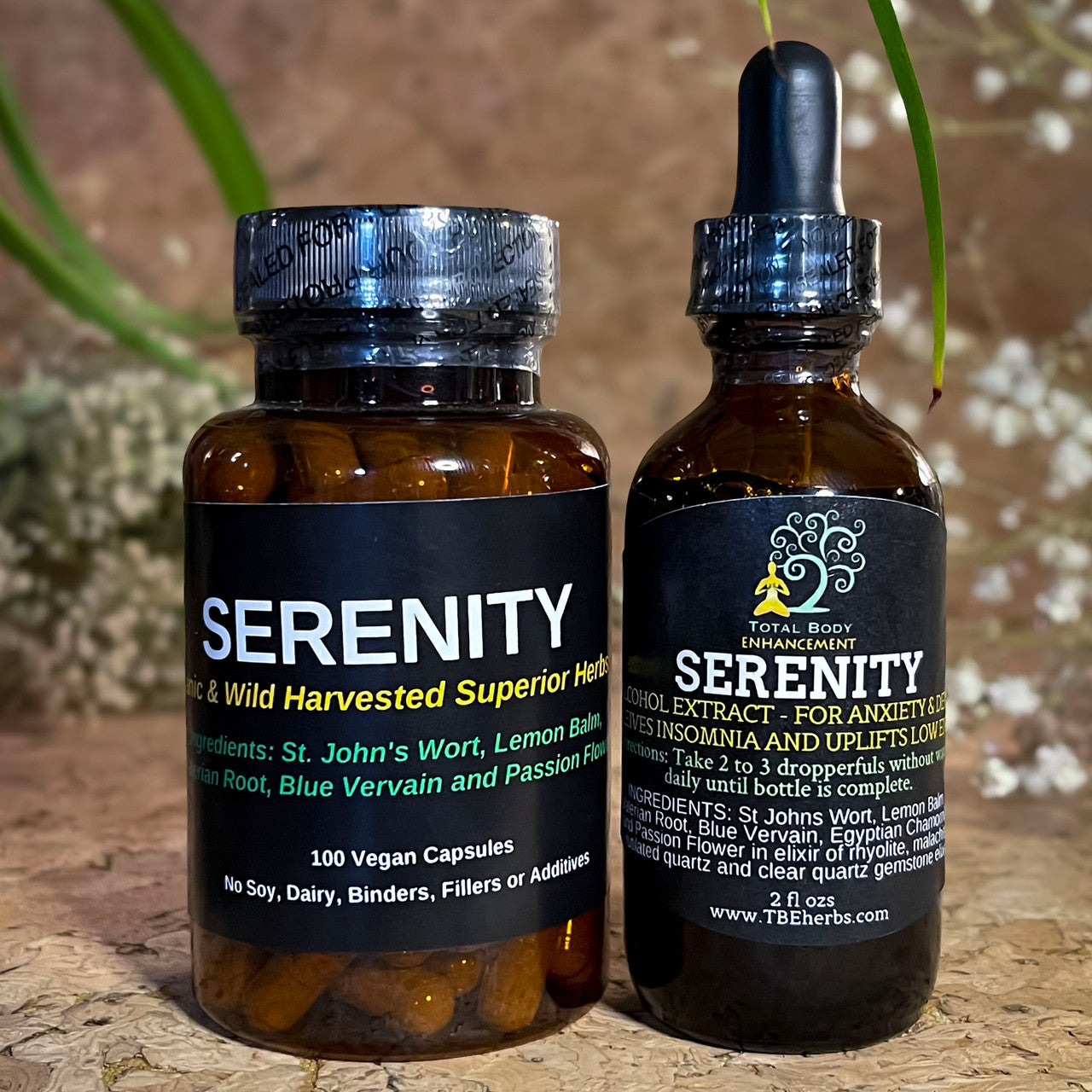 TBE Herbs Total Body Enhancement Herbs - Serenity Formula Extract and capsules presentations