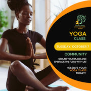 Woman practicing yoga with promotional text for a yoga class on a black and orange background