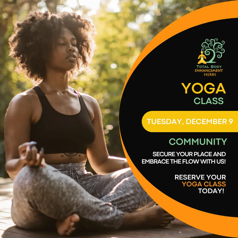 Woman practicing yoga outdoors with promotional text for a yoga class.
